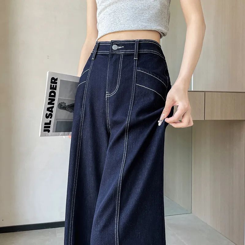 Double-Stitch Wide-Leg Ankle Denim Pants