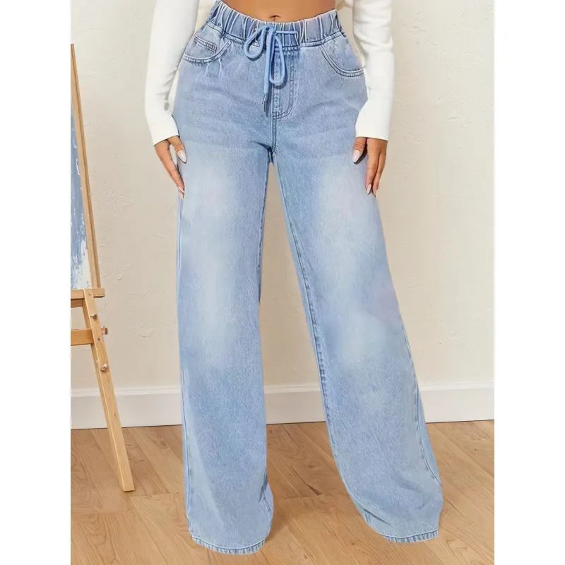 High-Waisted Drawstring Wide-Leg Denim Pants