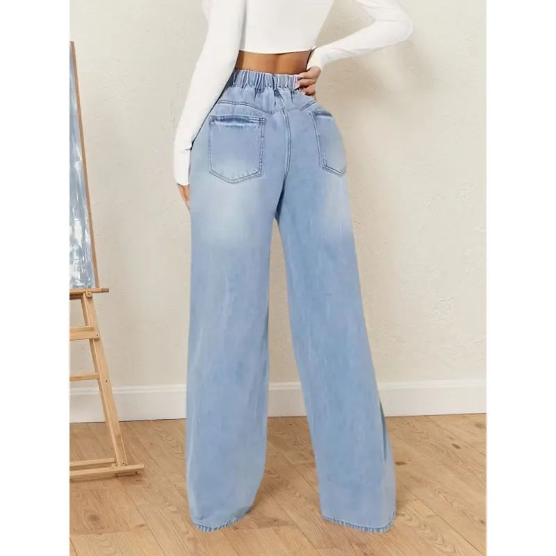 High-Waisted Drawstring Wide-Leg Denim Pants