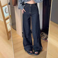 Women’s Retro Turn-Over Button Wide-Leg Denim Pants
