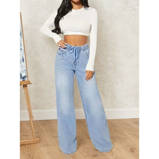 High-Waisted Drawstring Wide-Leg Denim Pants