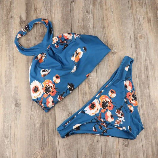Clara | Halter Neck Split Blue Print Swimsuit