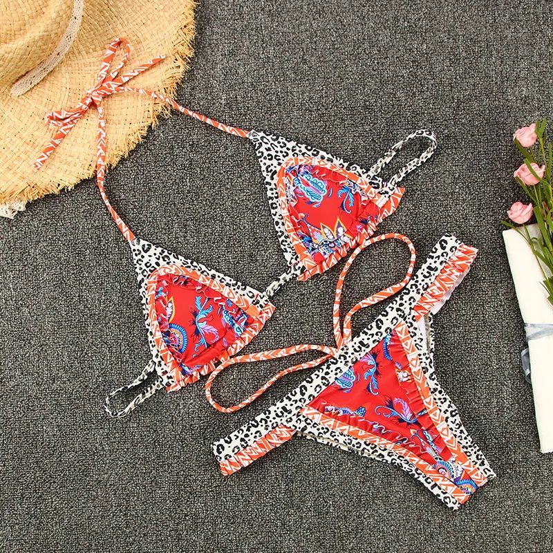 Zaria | Strappy Split Swimsuit Feminine Stitching Halter Printed Bikini