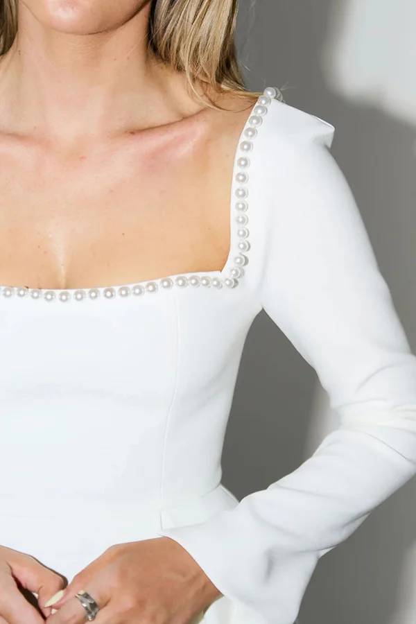 Lena® | Beaded long sleeve mini dress with square neckline