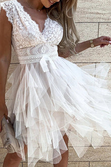 Gabriela® | Sleeveless layered lace midi dress with V-neck