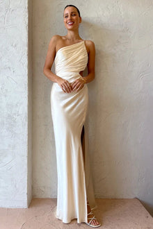 Regina® | One shoulder ruched evening dress with high slit and cami maxi dress
