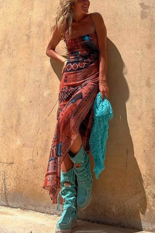 Griselda® | Midi dress with a unique gypsy style print, cowl neckline at the back, lace-up fastening and slit
