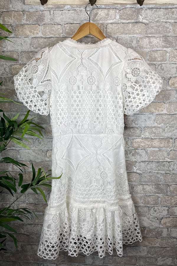 Gilda® | Sweet Valor crochet lace mini dress with puff sleeves and buttons