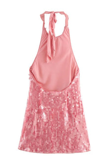 Katherine® | Sexy backless halterneck mini dress with rose disc pattern and sequins