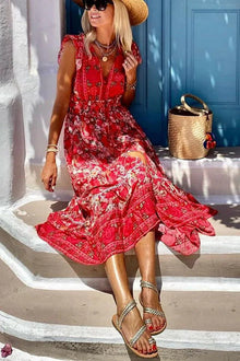 Oriana® | Summer in Greece boho print, ruffle sleeves, elastic waist, high-low midi dress