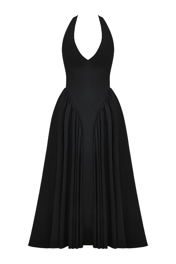 Lilly® | Solid A-line halter midi dresses with deep V-neck