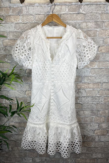 Gilda® | Sweet Valor crochet lace mini dress with puff sleeves and buttons