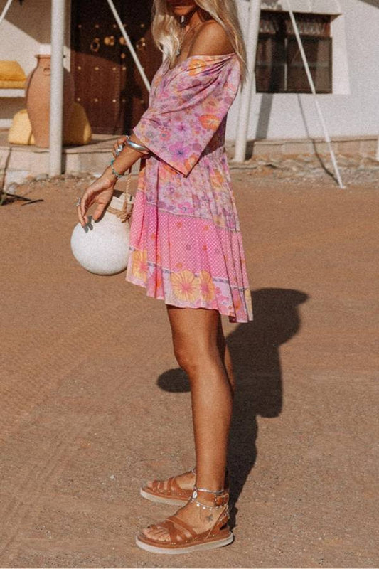 Chelsea® | Multicolored short ruffle dress with hibiscus flower print