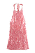 Katherine® | Sexy backless halterneck mini dress with rose disc pattern and sequins