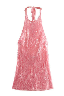 Katherine® | Sexy backless halterneck mini dress with rose disc pattern and sequins