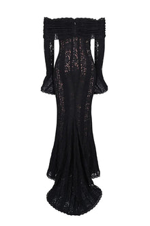 Leila® | Off Shoulder Floral Lace Flared Sleeve Fishtail Maxi Dress - White