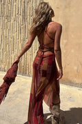 Griselda® | Midi dress with a unique gypsy style print, cowl neckline at the back, lace-up fastening and slit