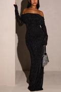 Juniper® | Black sequin off shoulder maxi dress