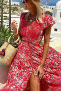 Oriana® | Summer in Greece boho print, ruffle sleeves, elastic waist, high-low midi dress