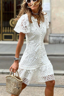 Gilda® | Sweet Valor crochet lace mini dress with puff sleeves and buttons