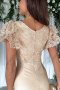 Romilly® | Dreamy, luxurious lace and satin ruffle sleeve patchwork midi dress