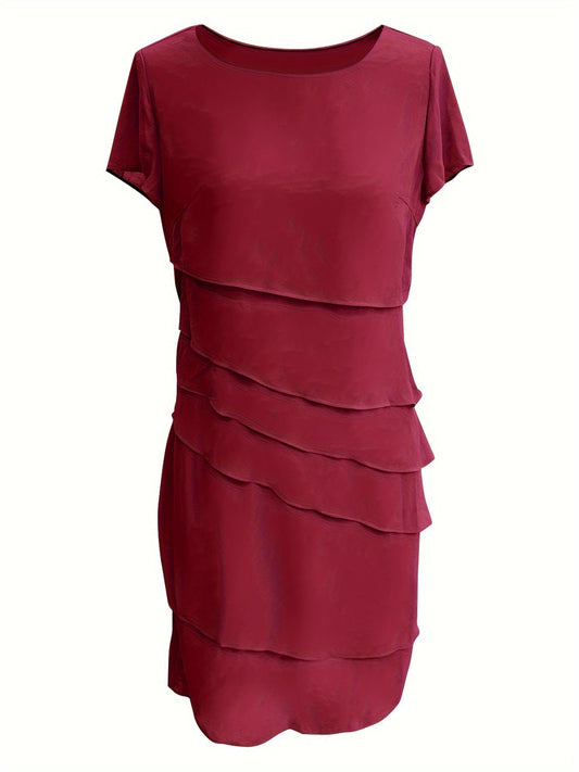 Amadis® | Cotton Layered Trim Round Neck Short Sleeve Evening Dress For Women