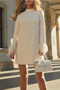 Lacey® | Unforgettable date mini dress with feather trim and long sleeves in H-line