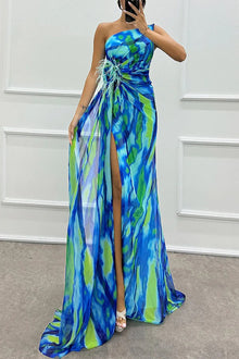 Renee® | Amazing Views off shoulder pleated slit maxi dress with feather rose detail in watercolor print