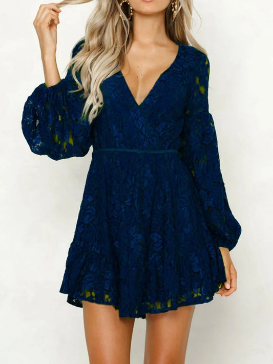 Petra® | Chic Long-Sleeved Lace Mini Dress With Deep V-Neckline
