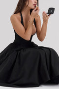 Lilly® | Solid A-line halter midi dresses with deep V-neck
