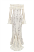 Leila® | Off Shoulder Floral Lace Flared Sleeve Fishtail Maxi Dress - White