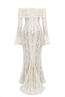 Leila® | Off Shoulder Floral Lace Flared Sleeve Fishtail Maxi Dress - White