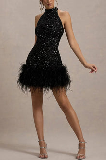 Kate® | Iridescent and playful stretch mini dress with high neck sequin trim and feather trim