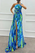 Renee® | Amazing Views off shoulder pleated slit maxi dress with feather rose detail in watercolor print