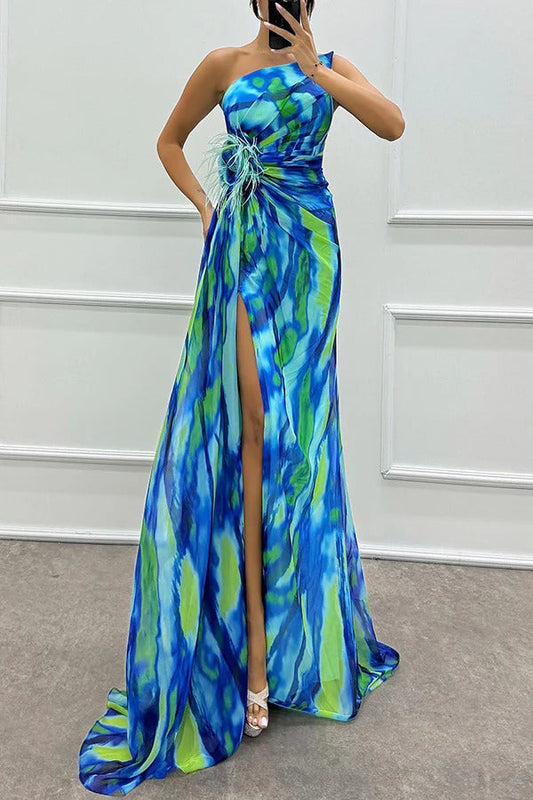 Renee® | Amazing Views off shoulder pleated slit maxi dress with feather rose detail in watercolor print