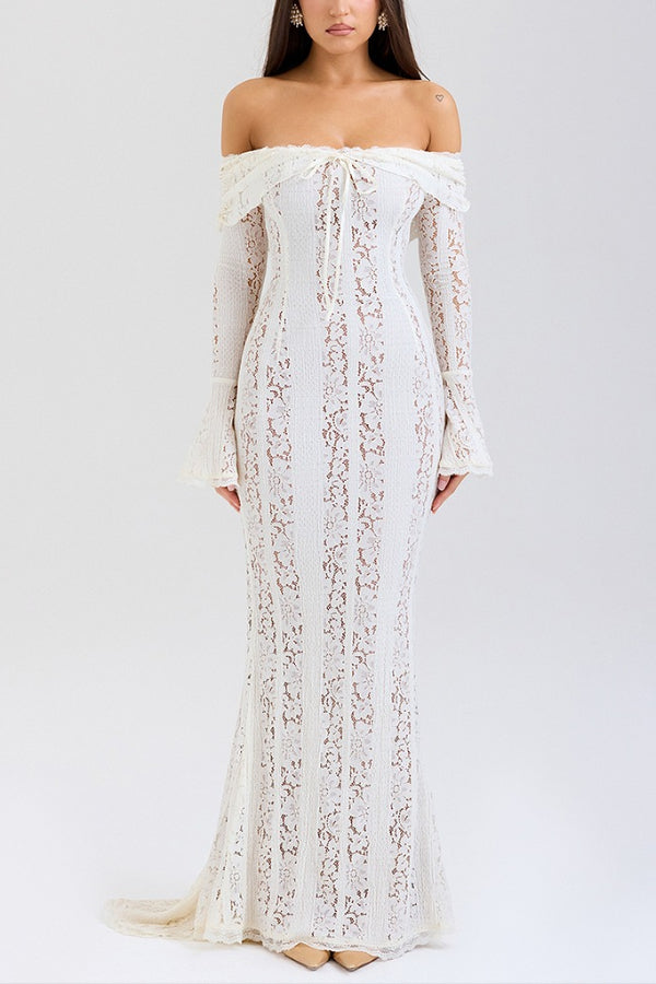 Leila® | Off Shoulder Floral Lace Flared Sleeve Fishtail Maxi Dress - White