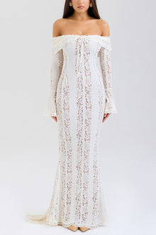 Leila® | Off Shoulder Floral Lace Flared Sleeve Fishtail Maxi Dress - White