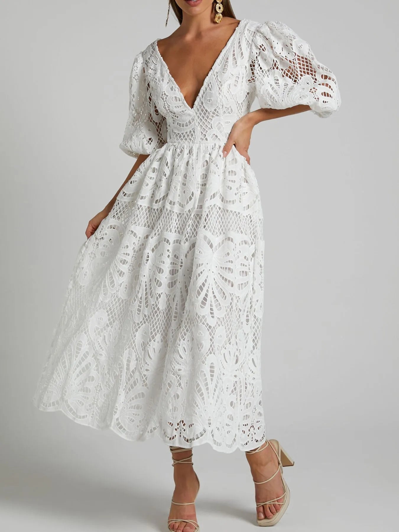 Rachele® | Elegant Long Lace Dress With V-Neck And Open Back