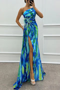 Renee® | Amazing Views off shoulder pleated slit maxi dress with feather rose detail in watercolor print