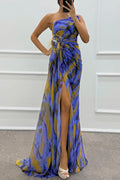 Renee® | Amazing Views off shoulder pleated slit maxi dress with feather rose detail in watercolor print