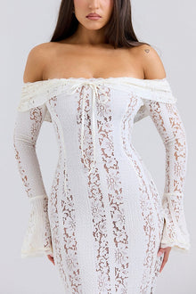 Leila® | Off Shoulder Floral Lace Flared Sleeve Fishtail Maxi Dress - White