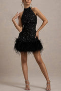 Kate® | Iridescent and playful stretch mini dress with high neck sequin trim and feather trim