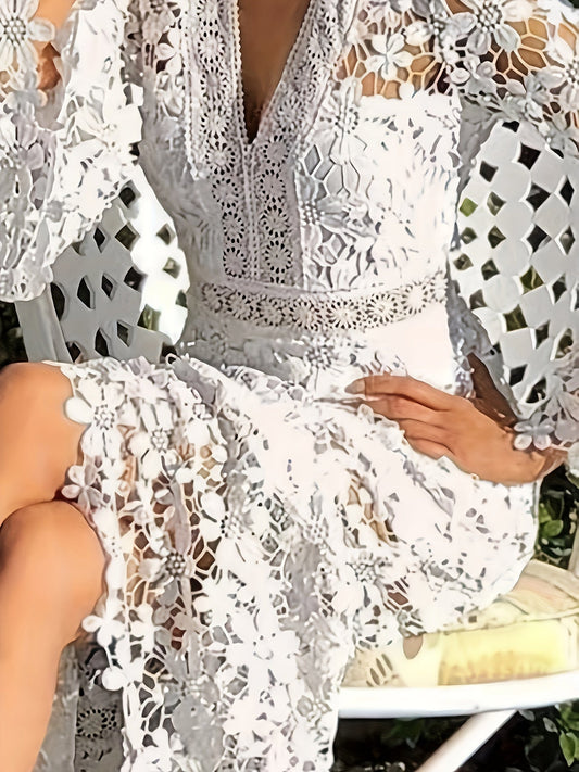 Adeltrudis® | Cotton Guipure Lace V-Neck Long Sleeves Aprons Cocktail Festive Dress For Women