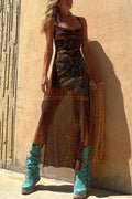 Griselda® | Midi dress with a unique gypsy style print, cowl neckline at the back, lace-up fastening and slit