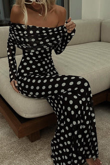 Hazel® | Chic off-the-shoulder ruched stretch maxi dress with polka dot print