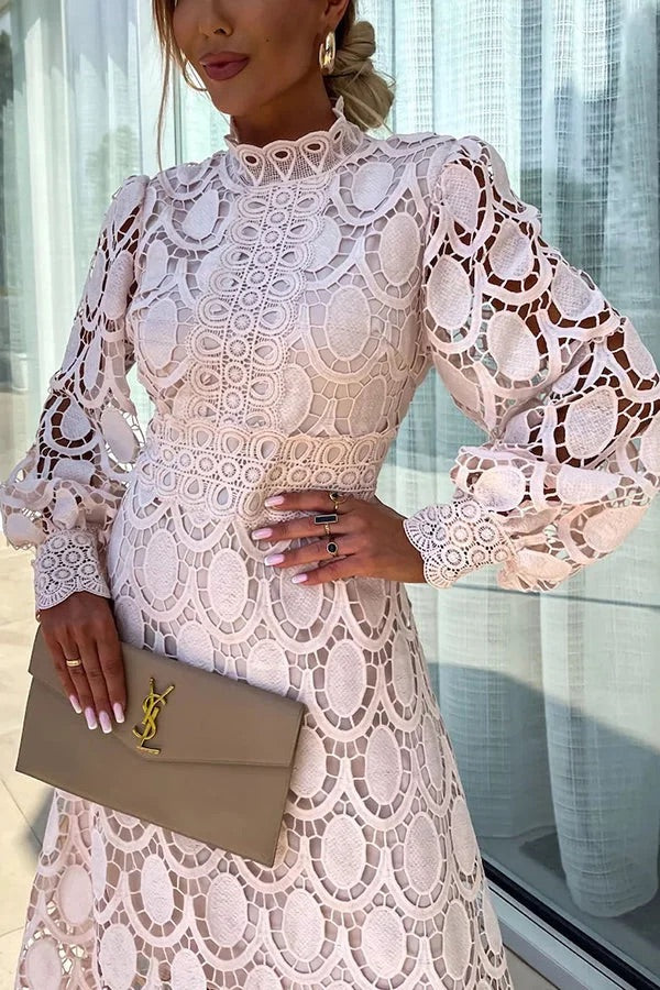 Francisca® | Romantic, sensual and elegant party midi dress with crochet lace and lantern sleeves