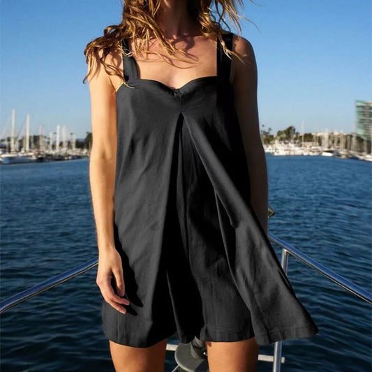 Elise Summer Square Neck Suspender Shorts Jumpsuit
