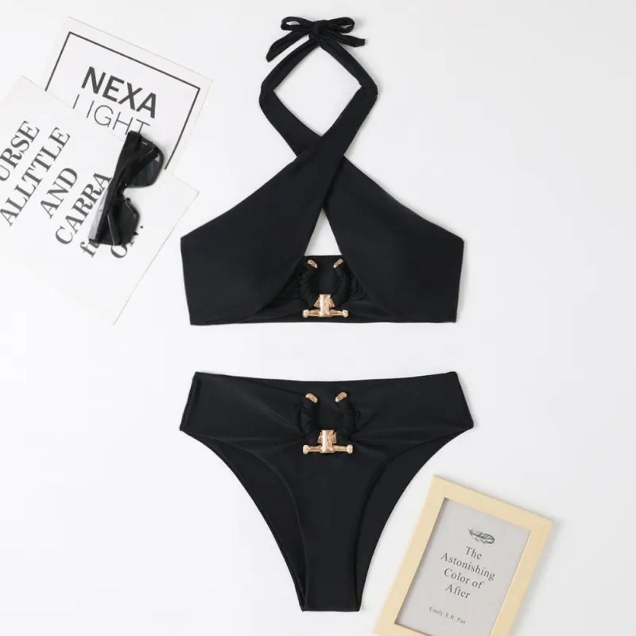 Rumi | Split High Waist Briefs Cross- Halter Neck Swimsuit