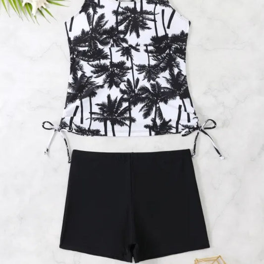 Julia | Women’s Palm Tree Printed Tankini – Two-Piece Boxer Swimsuit